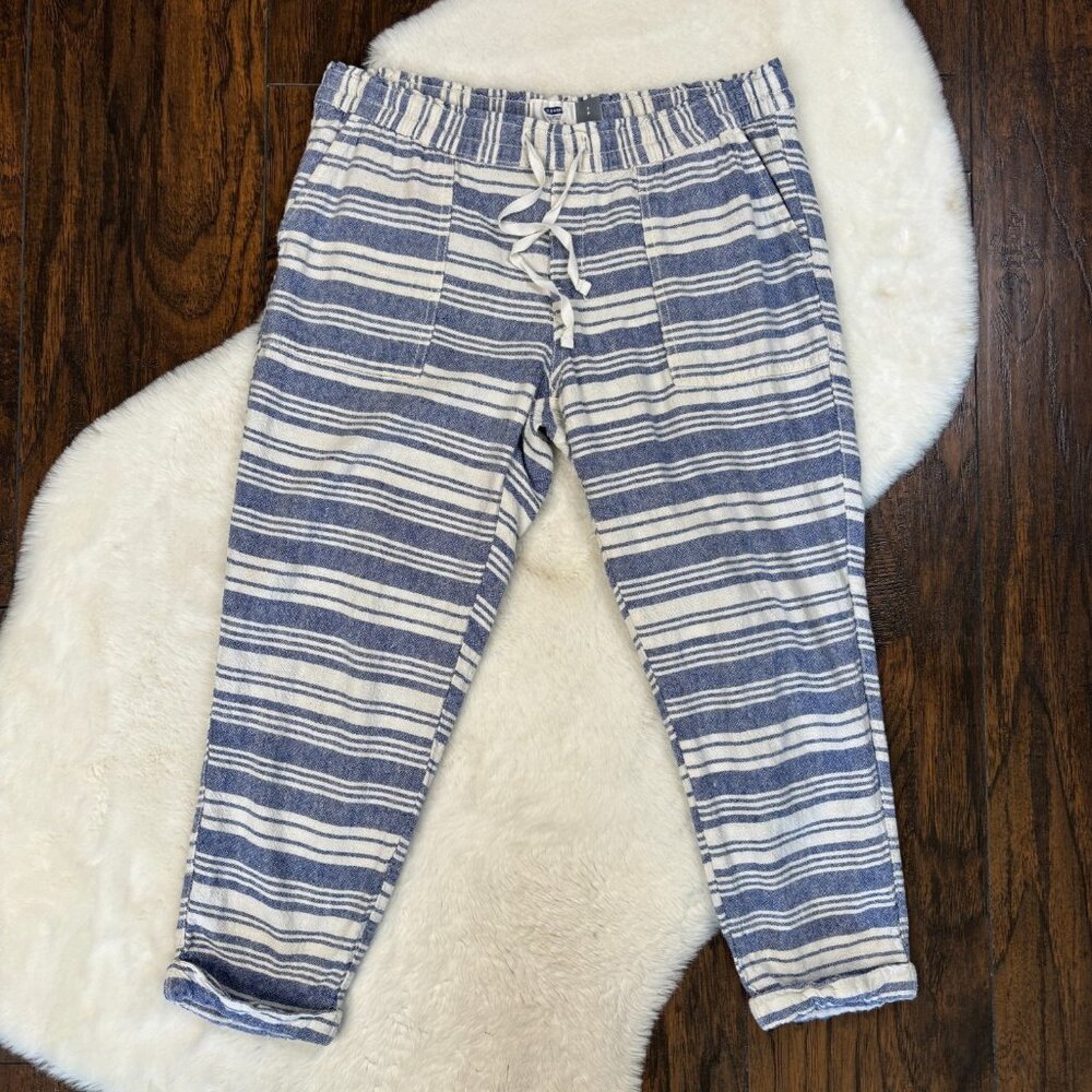 Old‎ Navy Crop Pants Small White Blue Striped Pull-On Linen Blend Elastic Waist